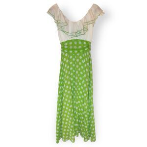 Vintage 60s Milkmaid Polka Dot Dress Size Small Green Handmade Trad Off Shoulder